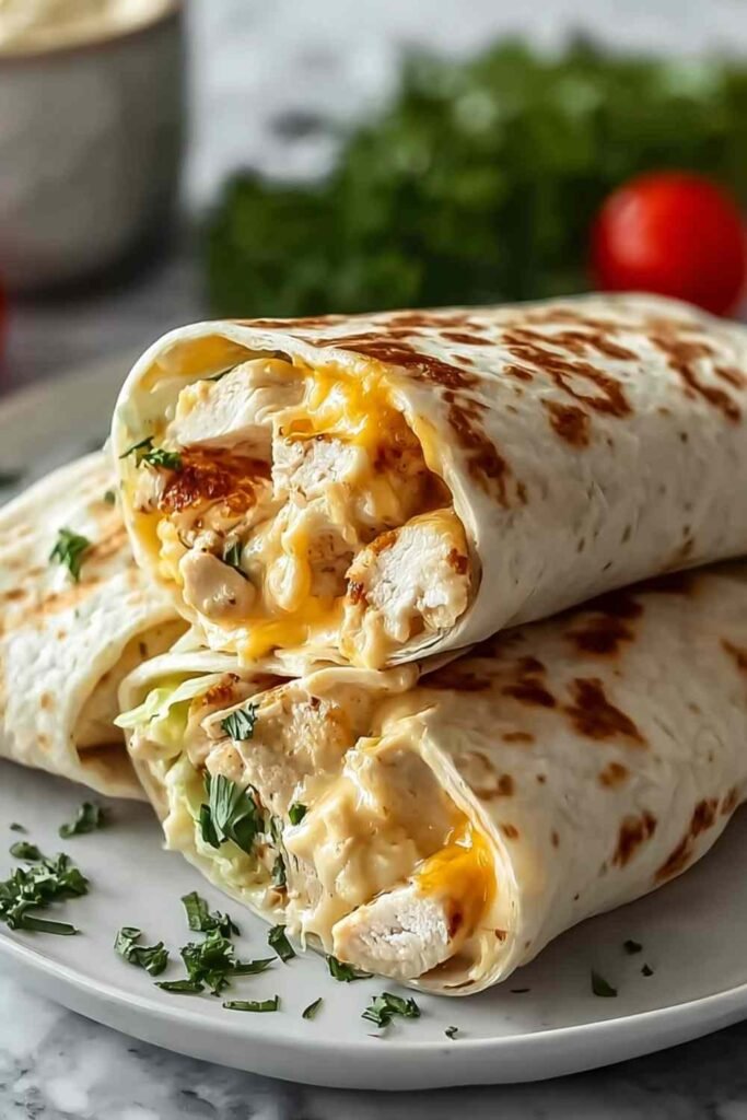 cheesy-garlic-chicken-wraps-sliced-plated