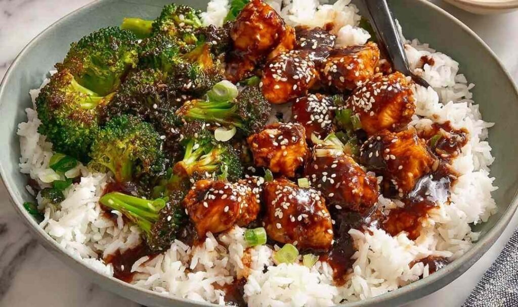 sticky-chicken-bowls-honey-garlic-glaze-overhead