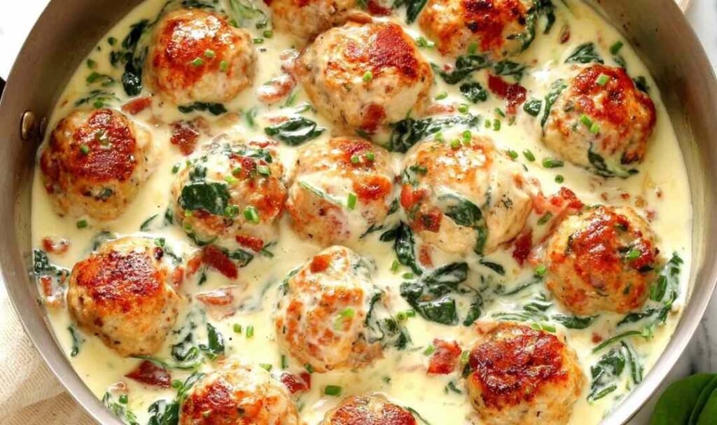baked-chicken-ricotta-meatballs-spinach-alfredo-skillet