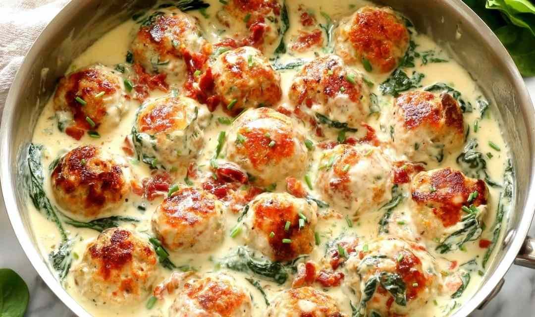 Baked Chicken Ricotta Meatballs with Spinach Alfredo Sauce