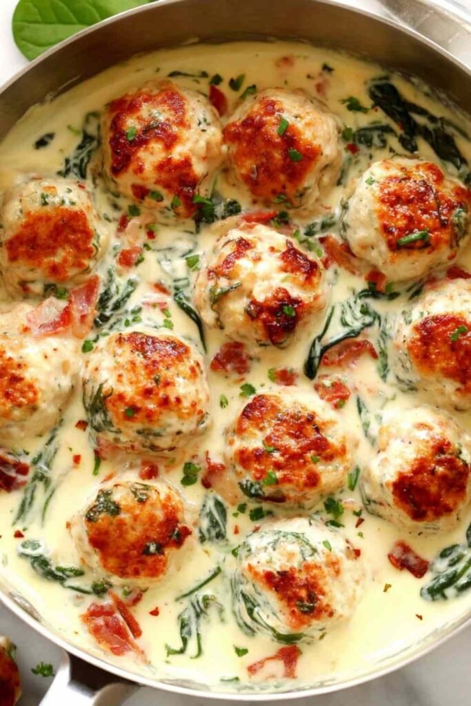 baked-chicken-ricotta-meatballs-spinach-alfredo-skillet